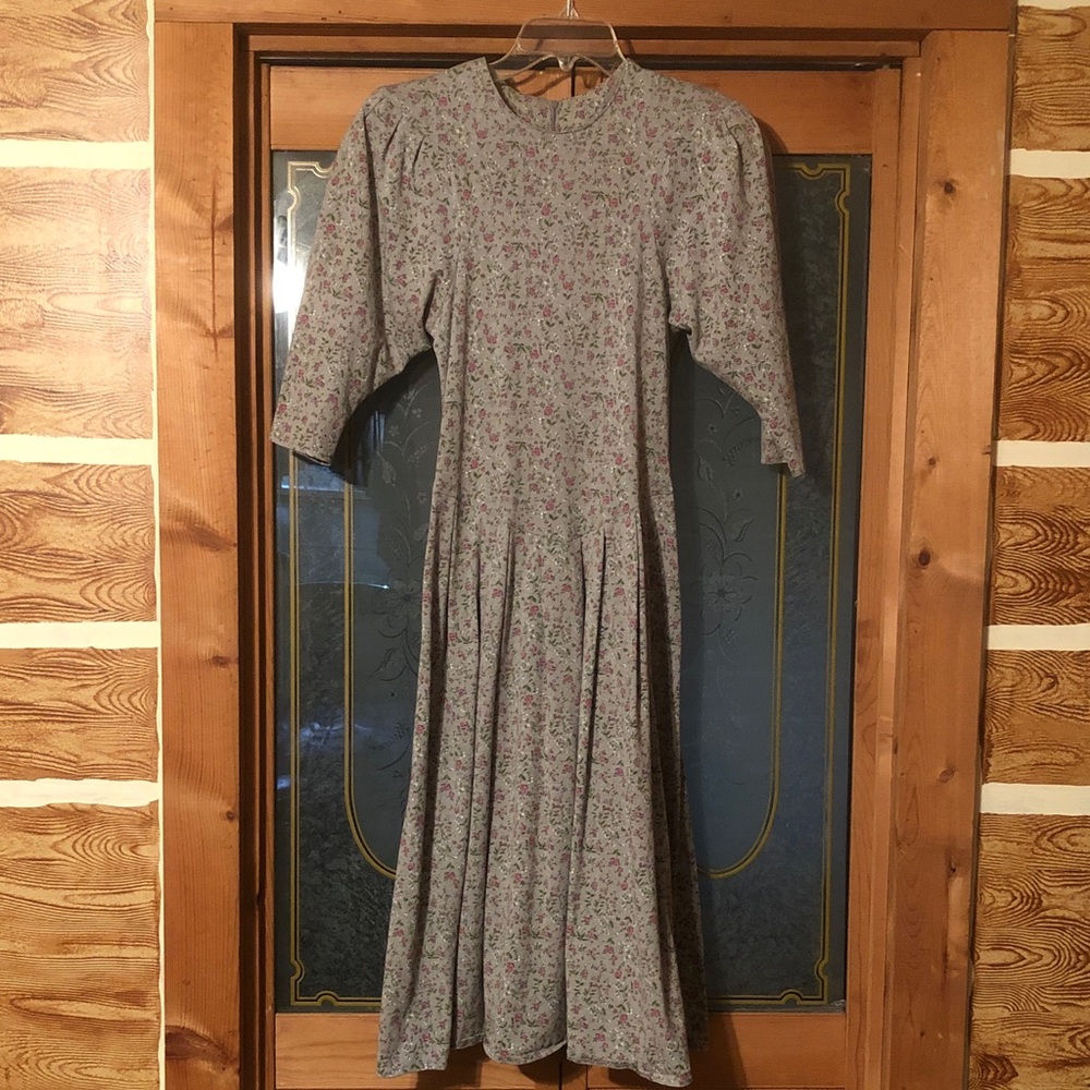 Vintage Joni Blair of California sz 5 gray dress w/ pink roses 3/4 sleeves dress